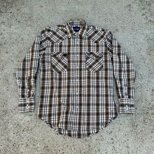 Vintage Wrangler Western Pearl Snap Brown Plaid Classic Cowboy Shirt Size Medium